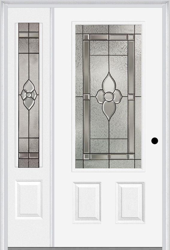 MMI 3/4 Lite 2 Panel 6'8" Fiberglass Smooth Nouveau Brass, Nouveau Nickel, Or Nouveau Patina Exterior Prehung Door With 1 Nouveau Brass/Nickel/Patina 3/4 Lite Decorative Glass Sidelight 607